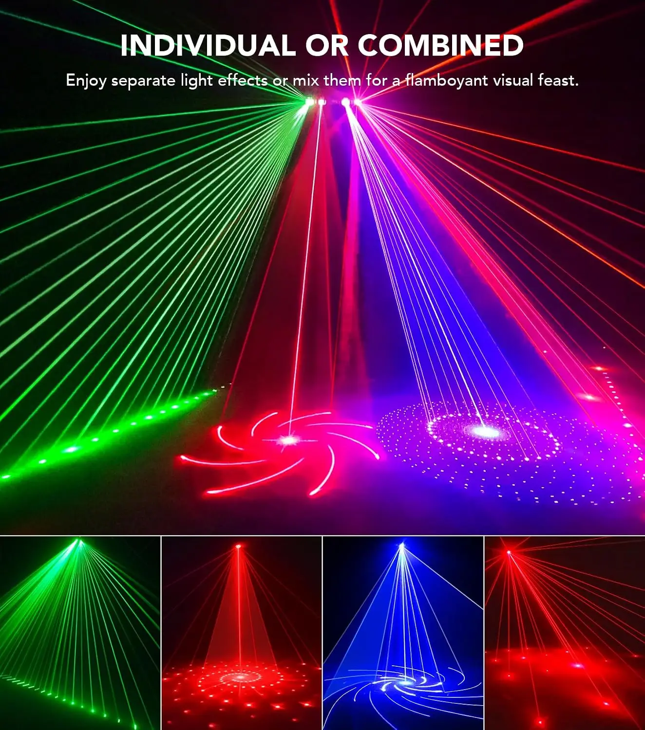 DJ Lights for Parties, Pro 6 in 1 DMX & Sound Activated Laser Light Show Machine with Disco Ball Light, RGBW & UV Strobe Party
