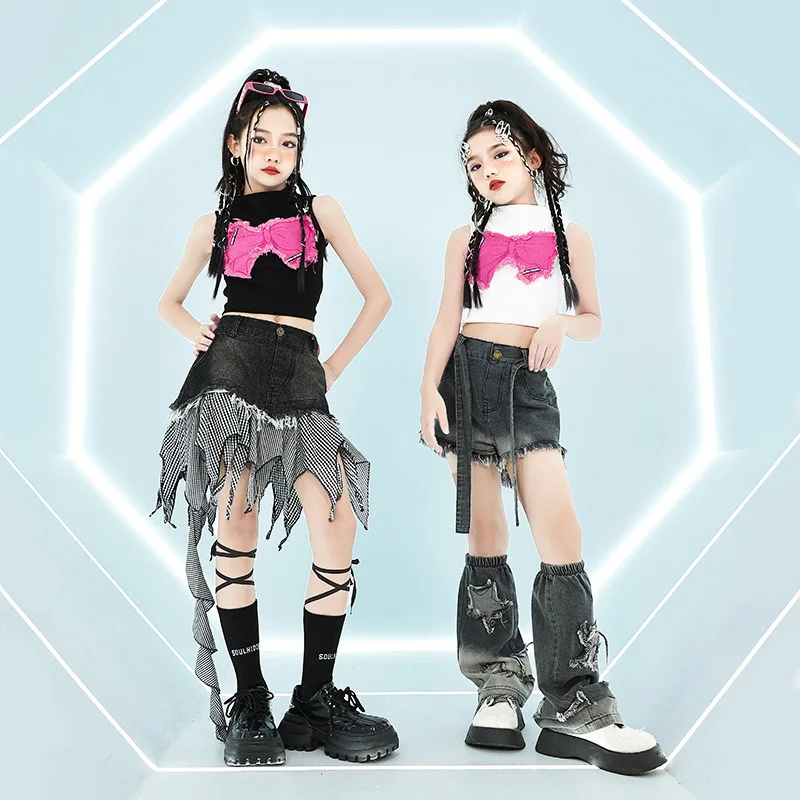 Kid Cute Hip Hop Clothing Butterfly Crop Tank Top Denim Plaid Skirt Raw Hem Shorts Leg Warmer for Girls Dance Costumes Clothes