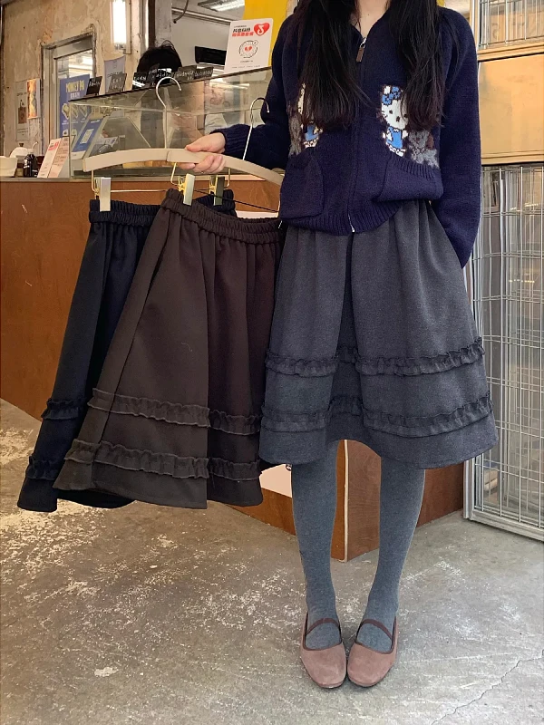 

plus Size Women's Sweet Korean Sle A-Line Skirt with Wood ain Design Autumn Winter High Waist Commute Faion