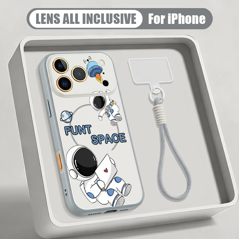 Astronauten-Muster Magnetisches Lanyard-Handyhülle für iPhone 17 ProMax 16 15 14 13 Pro Max für MagSafe Kabelloses Laden Harte PC-Abdeckung