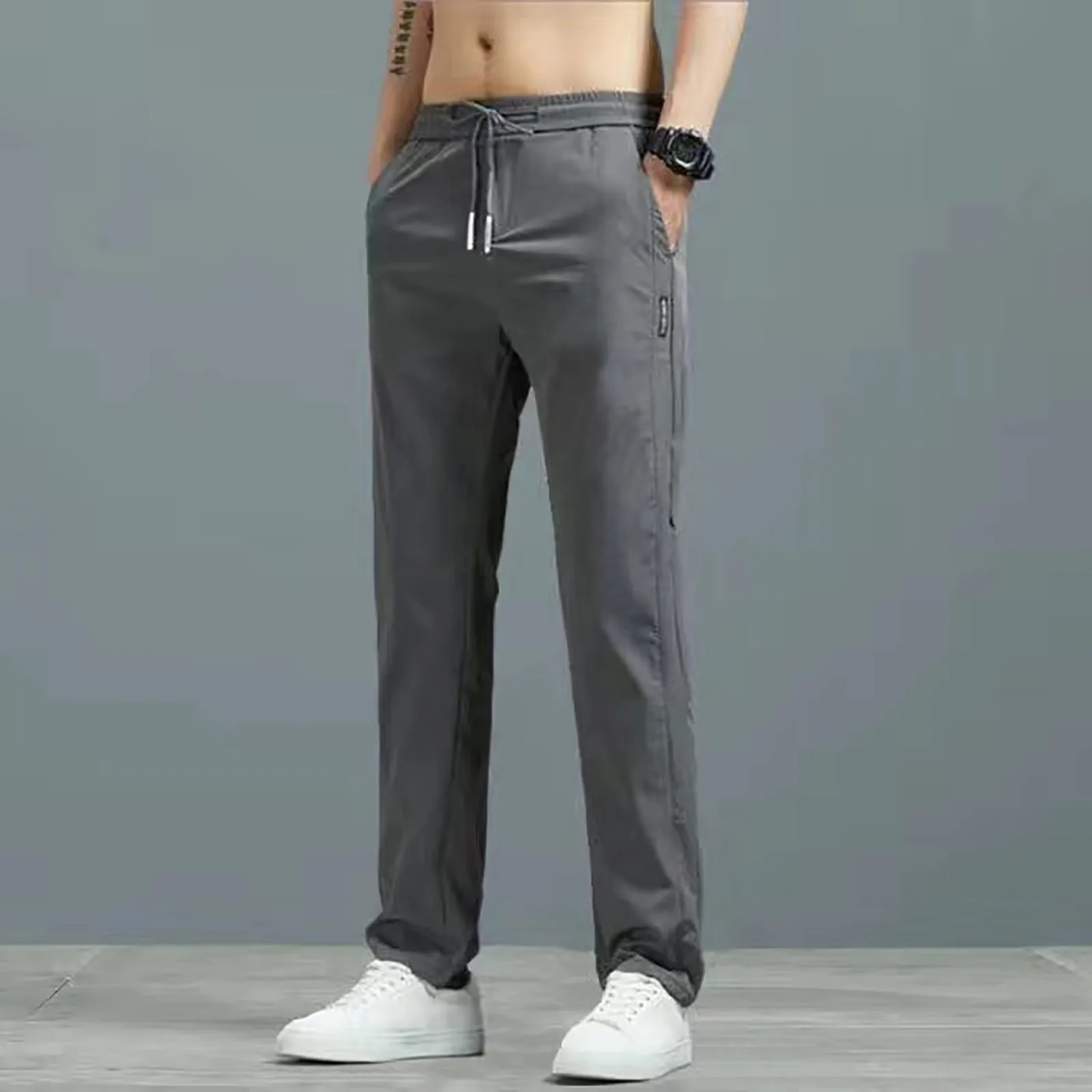 Men's Solid Cargo Pants With Pockets Straight Leg Slim Fit Drawstring Commuting Trousers Spring Autumn Casual Versatile Bottoms