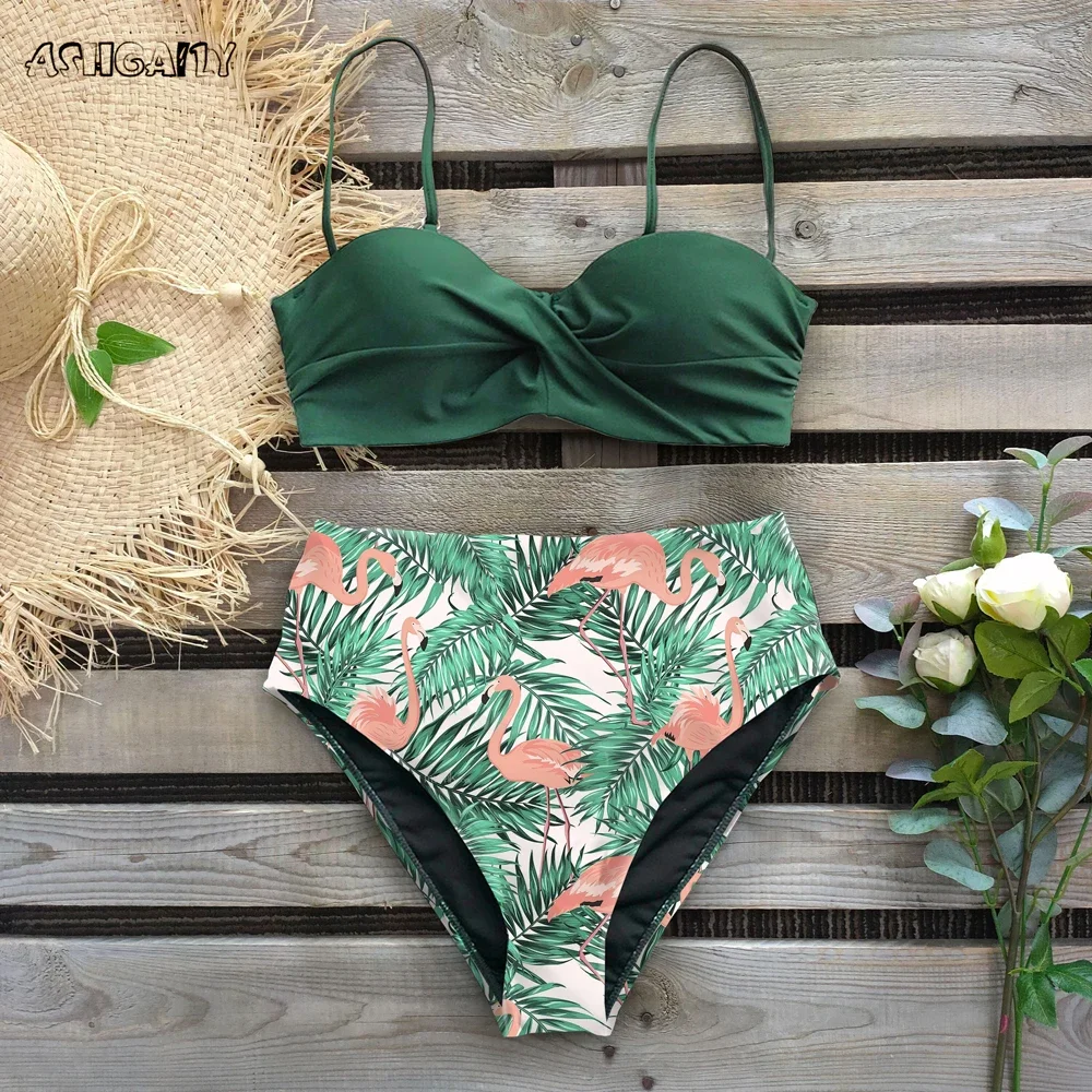 

Sexy 2024 Bikini Swimsuit Women Swimwear Push Up Bikinis Set Leaf Print Female High Waist Swimming Suits for Bathing Suit