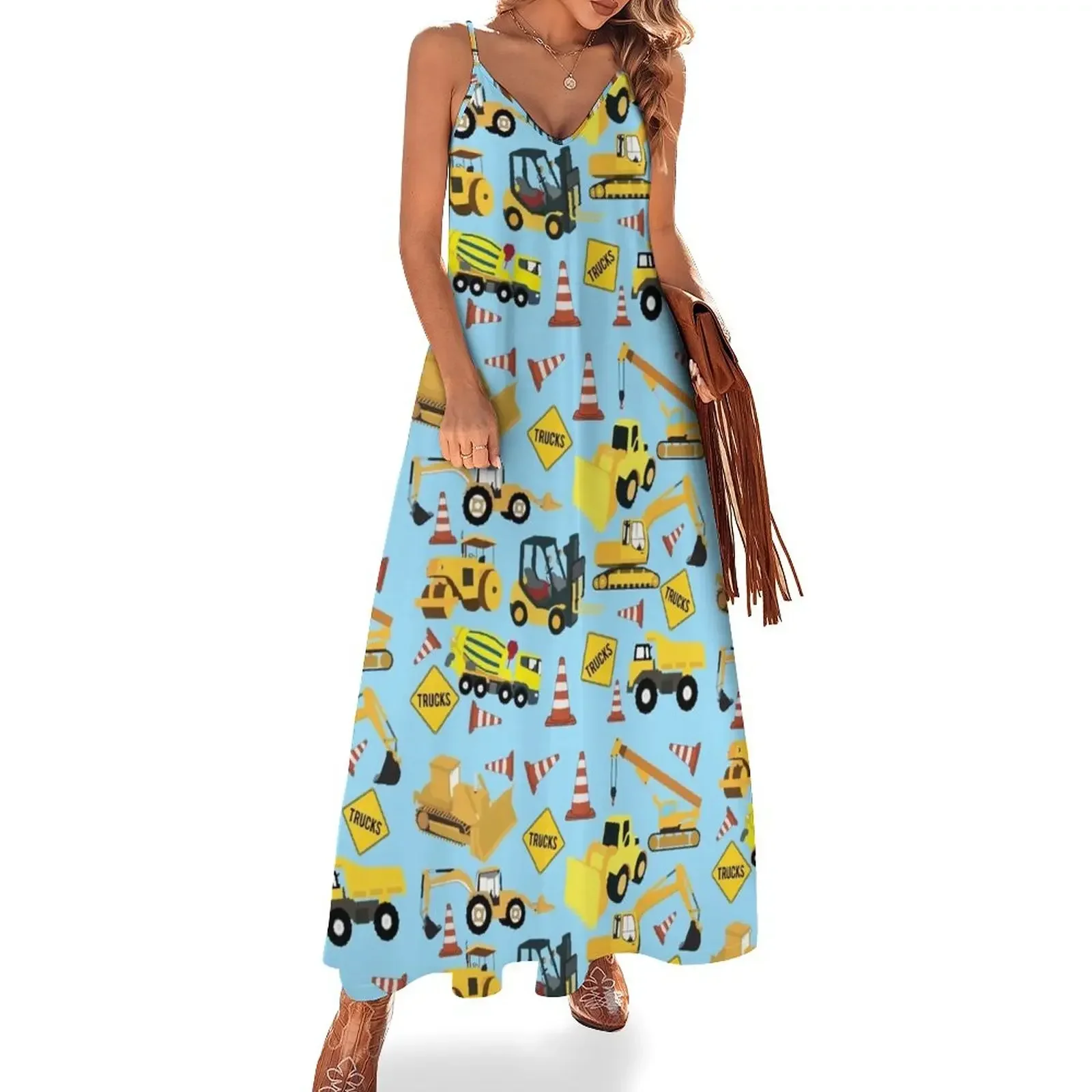 

Construction Trucks Vehicles Pattern - Excavator, Dump Truck, Backhoe and more. Sleeveless Dress Women's clothing Dress