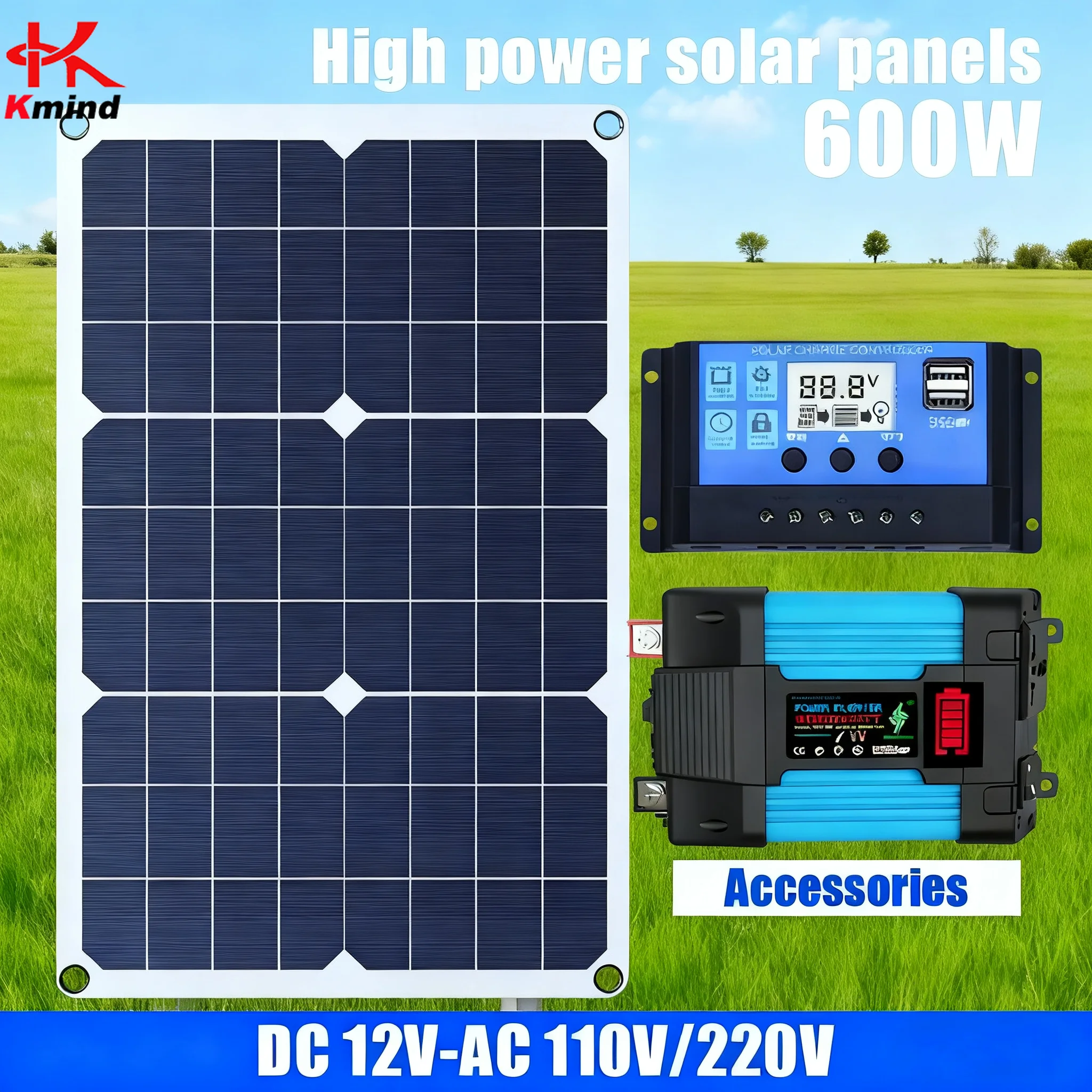 600W Solar Power Kit with Inverter & Controller - 12V to 220V/110V Portable Solar Generator for Home, Travel, Emergency Charging