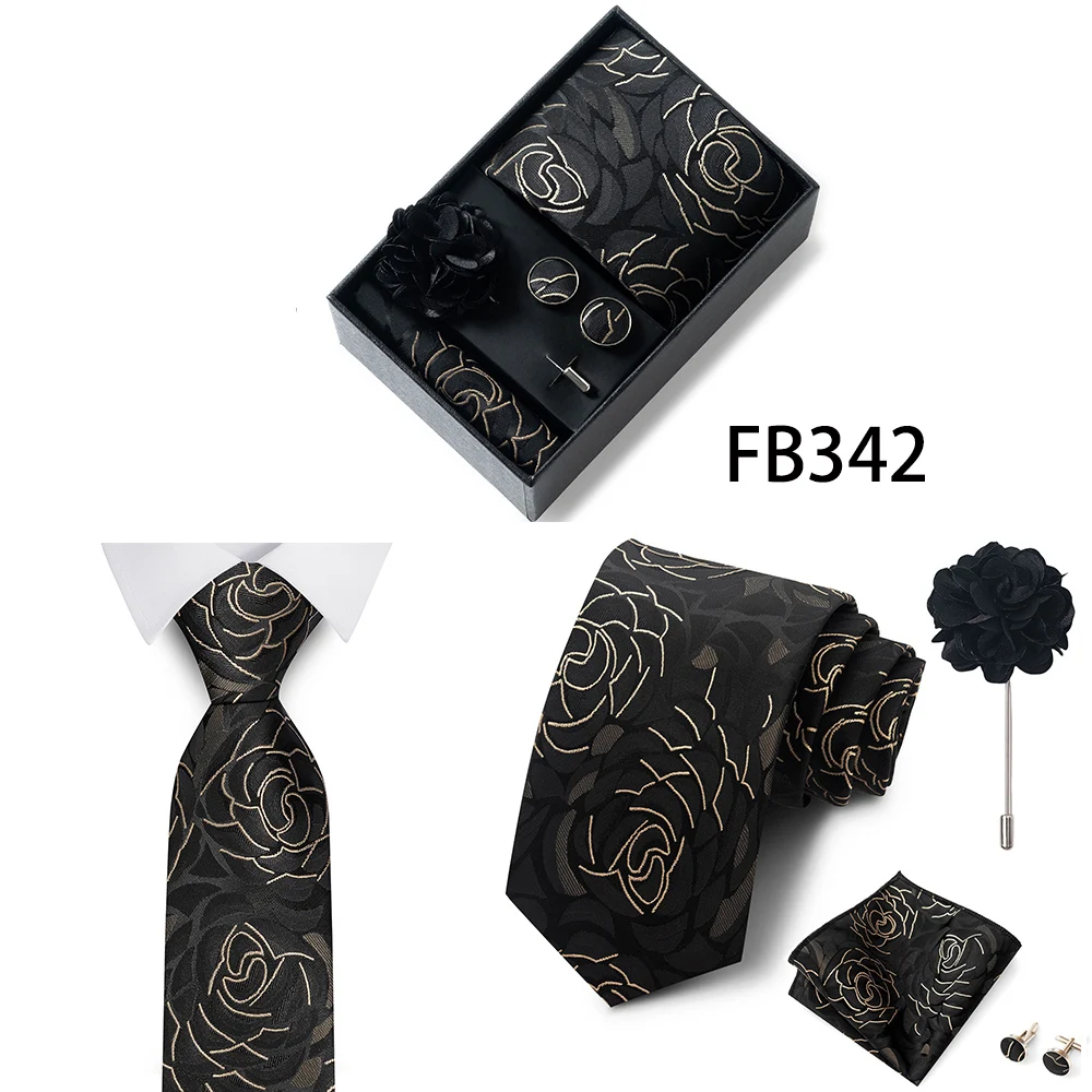 Neues Marken-Mode-Set: 8 cm Krawatte, Einstecktuch, Manschettenknöpfe und Brosche für Herren, Rot-Grau, Hochzeit, Geschenkbox, Passend für Partys – Detail 5