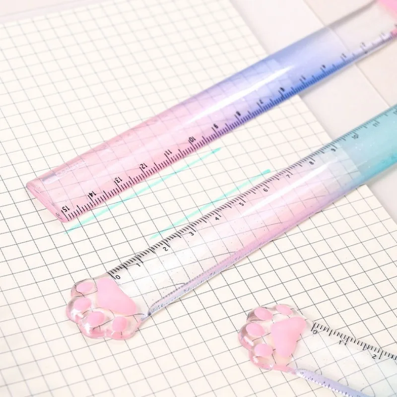 Cute Cat Paw Plastic Ruler School Office Supplies Transparent Measuring Ruler Gradient Colored Stationery Ruler