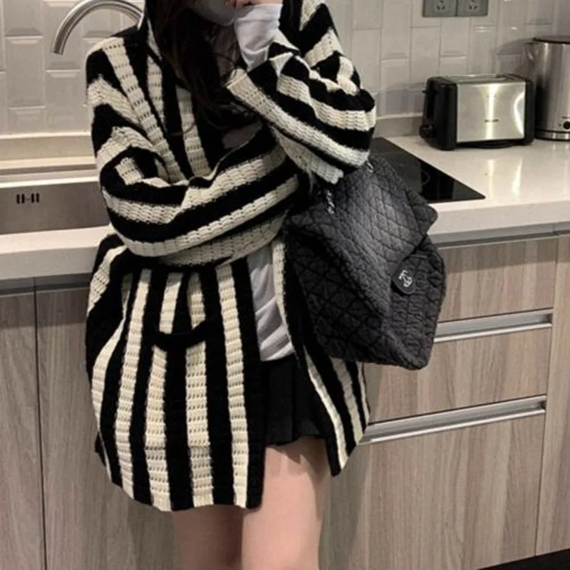 Women's Clothing Korean Striped Hooded Knitted Coats 2023 Autumn Winter Casual Fashionable Female Long Sleeve Sweaters Cardigan
