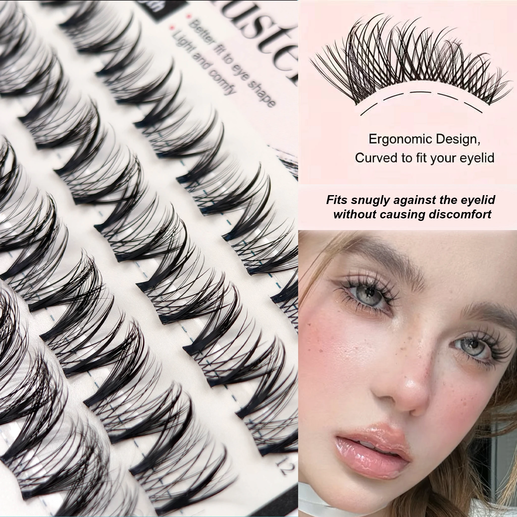 Curved Base Ultra-Soft Lash Clusters Mix 10–16mm Wispy Curved Band Eyelash Invisible Band DIY Lash Clusters Kit