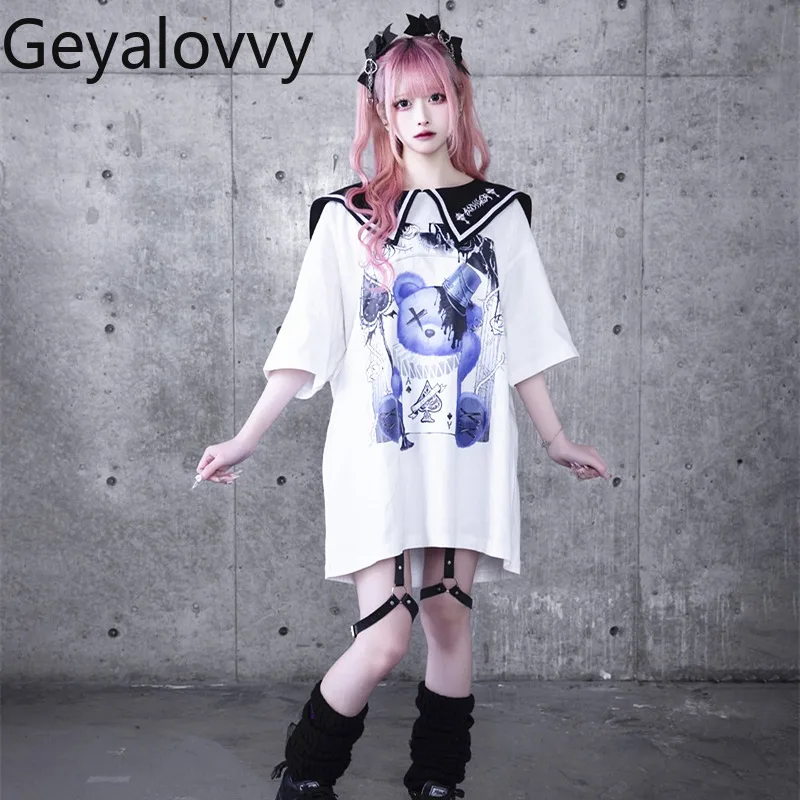 Japanese Harajuku Style Cartoon Print Sailor Suit Summer Sweet Cute Girls Versatile Navy Collar Short Sleeve T-Shirt Dress