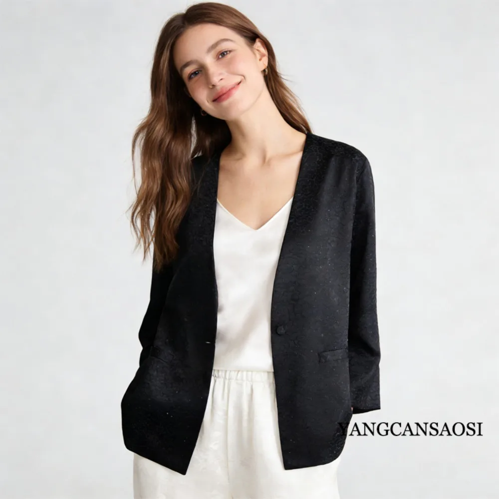 2026 Women's Fashion Spring New Chanel-style Black 55% Wool 25% Natural Mulberry Silk Ice Cracked V-neck Long Sleeved Suit