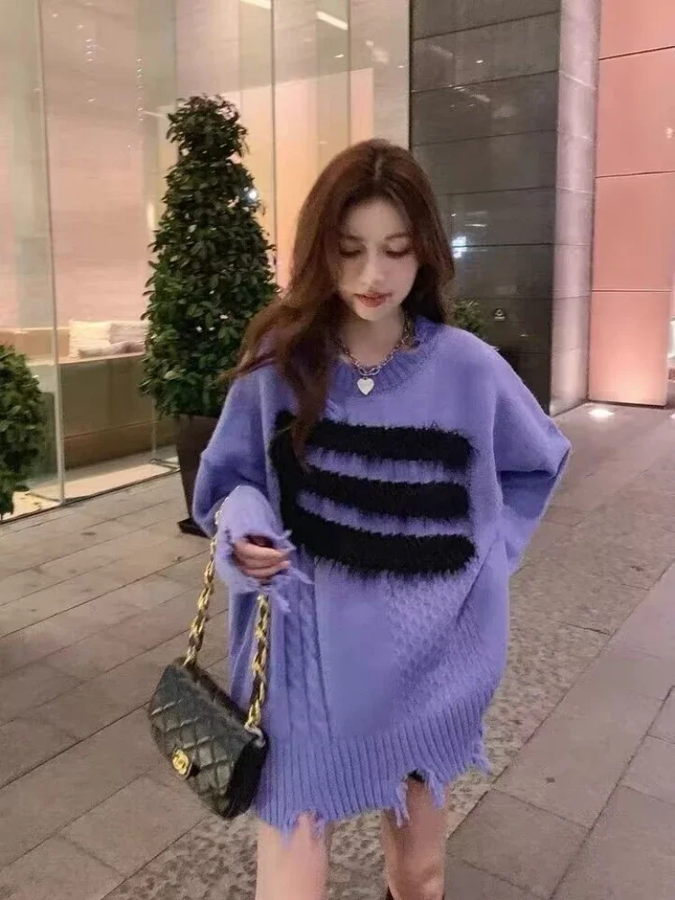 Knitted Sweaters for Women White Round O Neck Torn Female Pullover Graphic Clothes Fashion 2024 Light Trend Japanese Style Fall