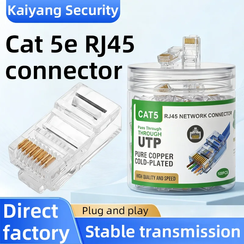 Through-type CAT5 RJ45 Modular Plug UTP Unshielded Cold Plated Contact Network Crystal Connector for Home & CCTV Project