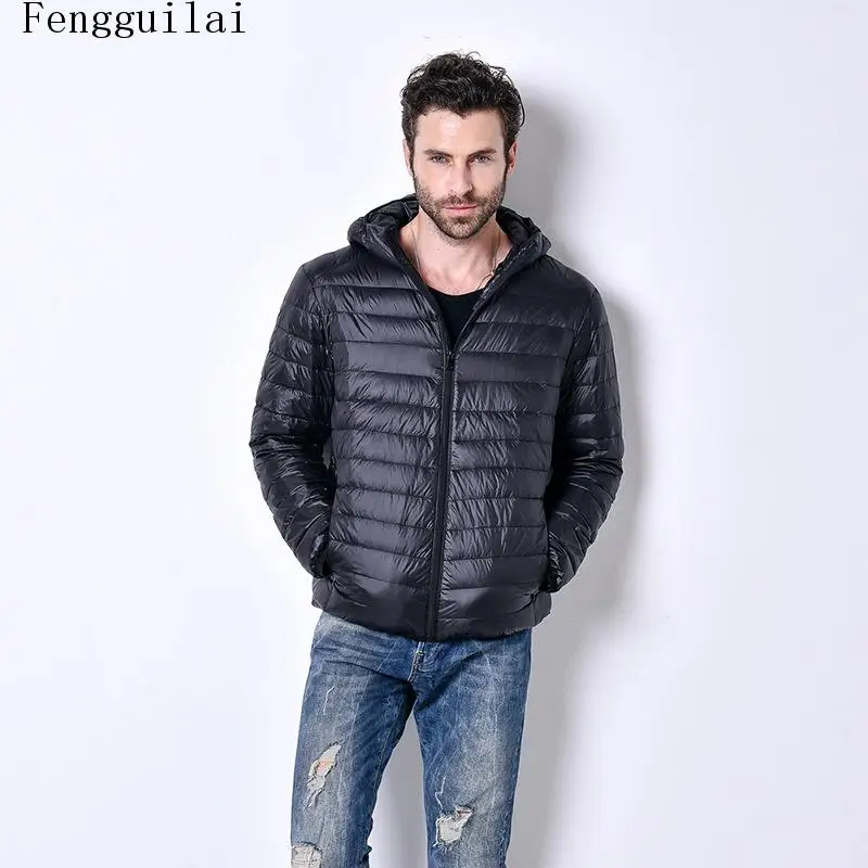 Packable Men Hooded Lightweight Puffer Coat Full Zip Thin Quilted Windproof Warm Jacket Casual Daily Outerwear