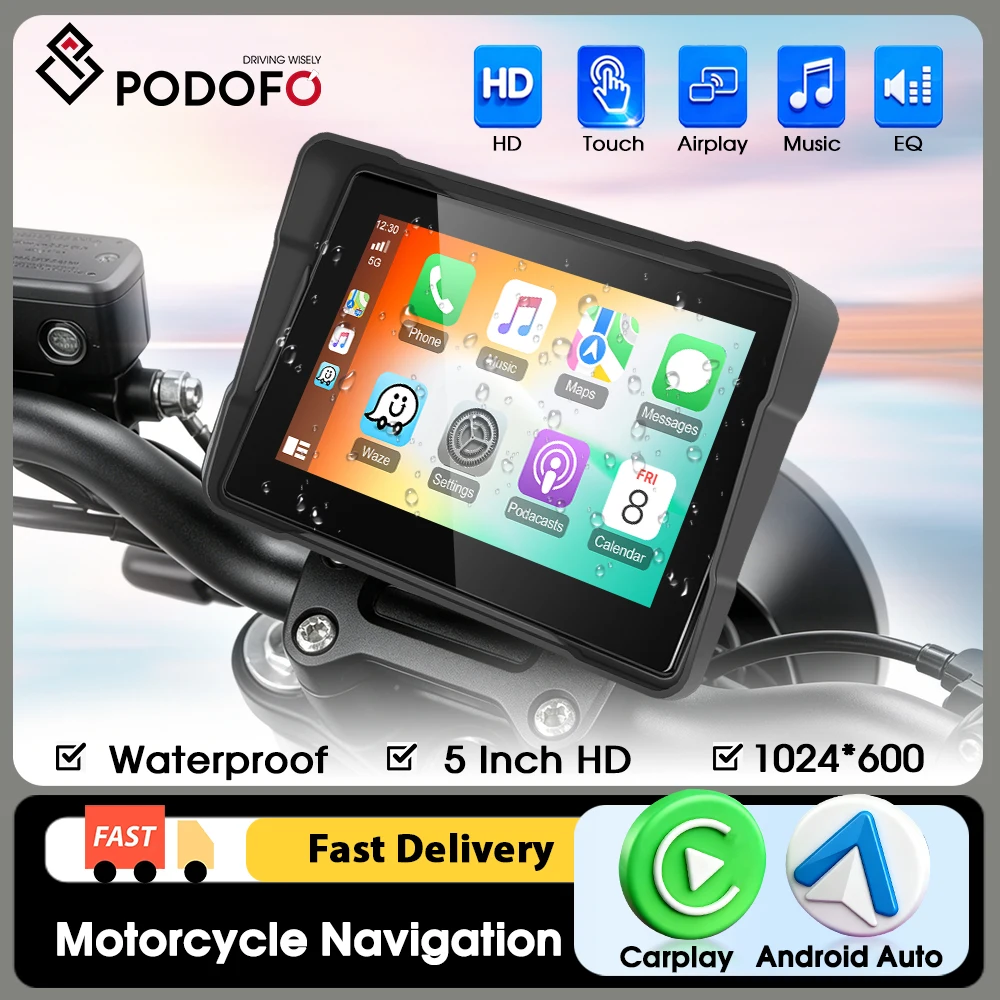 Podofo Reproductor de Motocicleta Portátil con GPS de 5 Pulgadas, Navegación Inalámbrica CarPlay Android Auto, Resistente al Agua IP67, Compatible con Duplicación de Pantalla, Bluetooth y Tarjeta SD