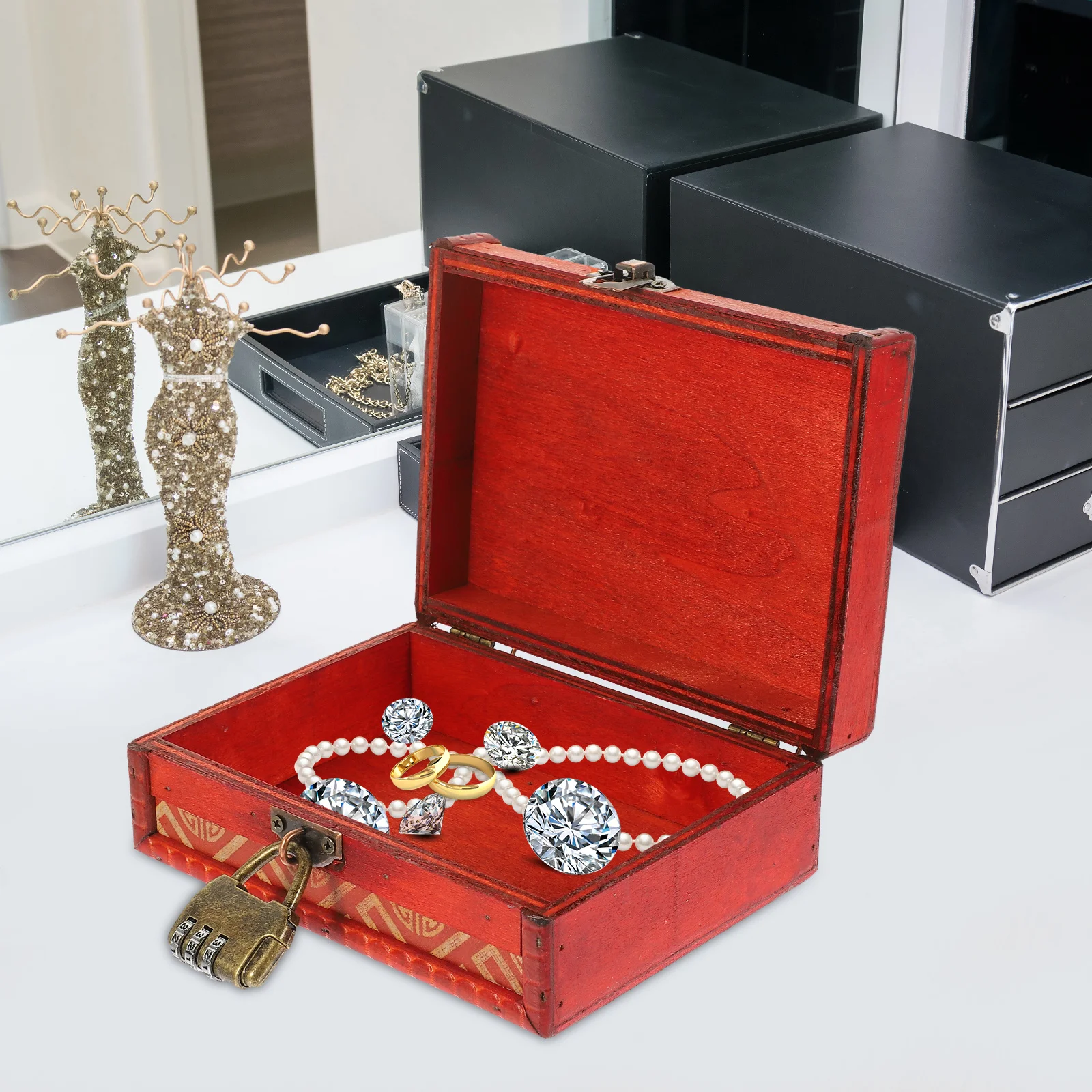 

Vintage Wooden Jewelry Box Storage Organizer For Earrings Necklaces Rings Small Trinkets Retro Home Bedroom Display Case