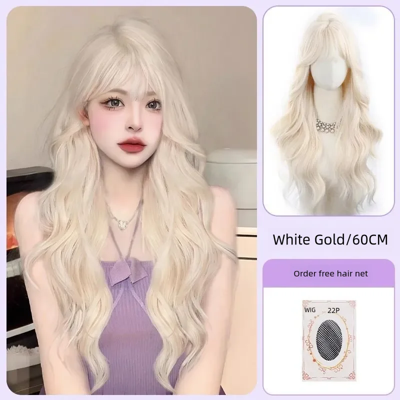 Peluca larga ondulada blanca y rosa para mujer, pelucas sintéticas de fiesta diaria, rubia clara con flequillo, disfraz de Lolita, rubia Barbie