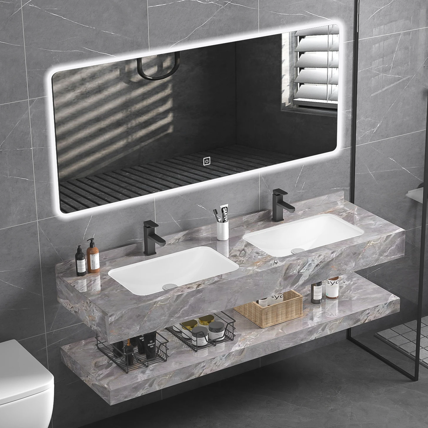 @#Modern Eco-friendly Hotel Double Sink Wall-Mounted Sintered Stone Bathroom Vanity Set LED Touch Illuminate Mirror Customized