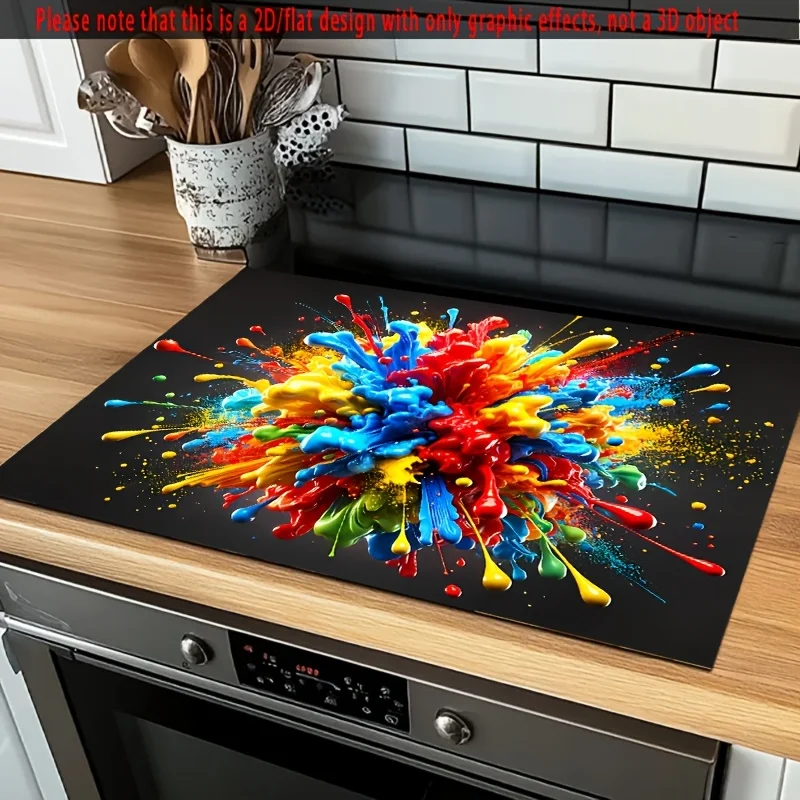 Vibrant Colorful Paint Splash Black Background Stove Top Cover, Non‑Slip Heat Resistant Mat, Easy Clean Decor Electric Gas Stove