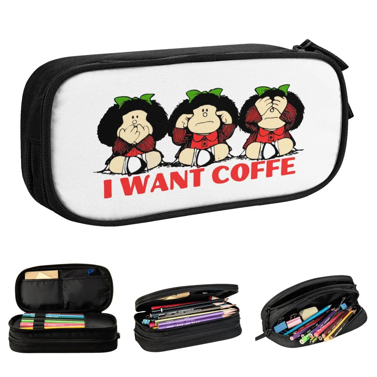 

Пеналы Mafalda «Я хочу кофе», милый мультяшный держатель для ручек, сумка для студентов, большой органайзер для хранения, школьные принадлежности, подарки, пеналы