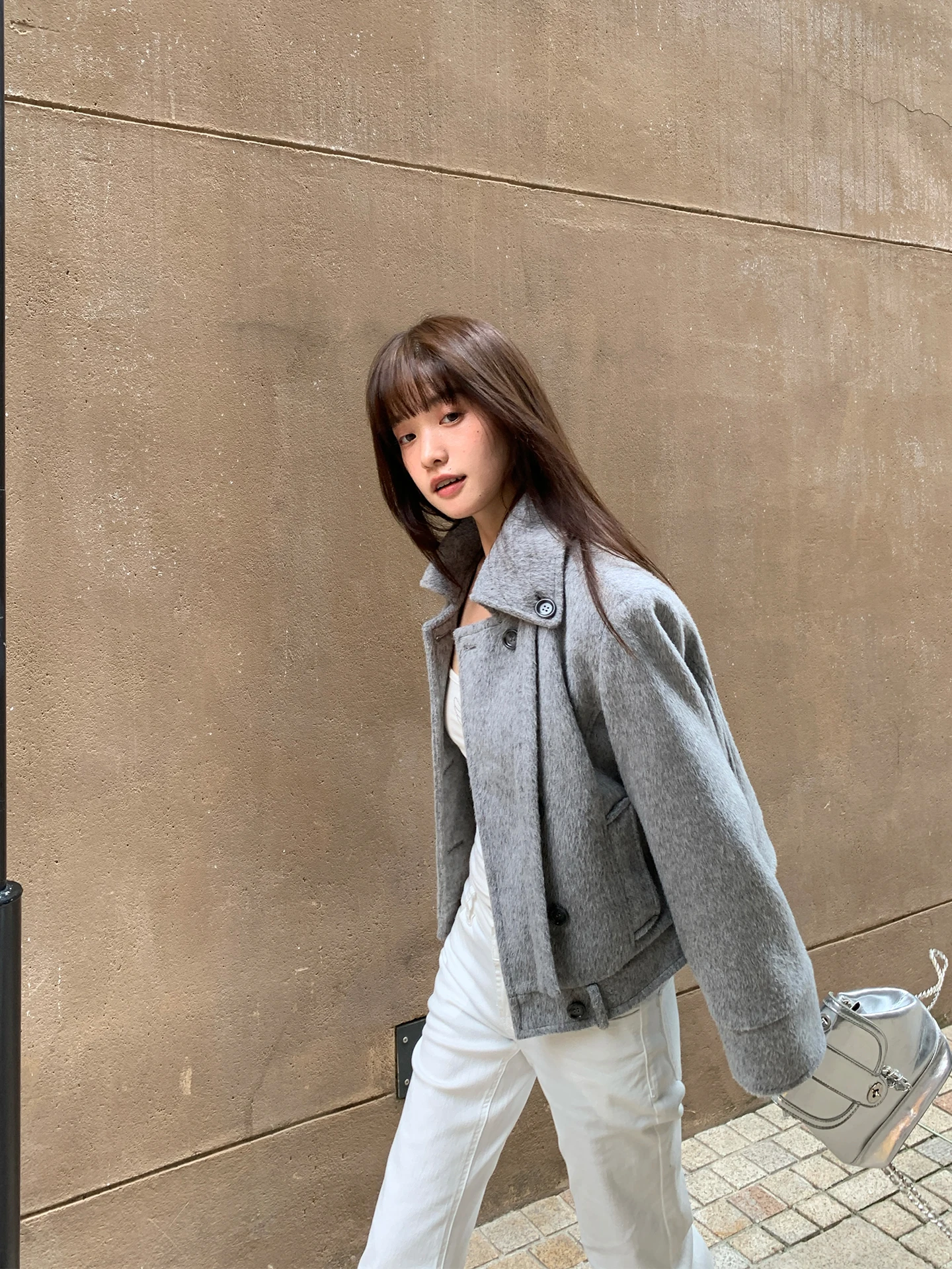 

Korean Sle ort Woolen Coat for Women Double Breasted Collar Design Winter Faion Polyde Fiber Blend Long Sve Jaet