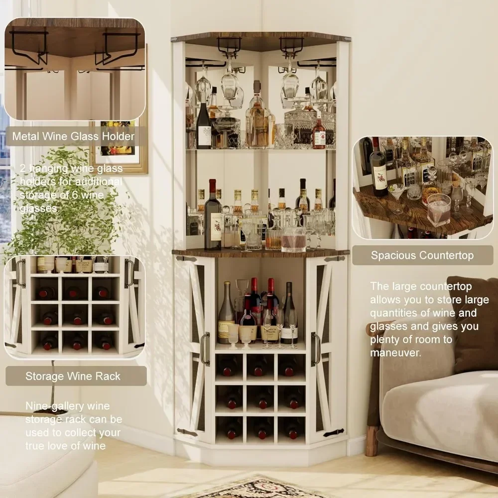 Wine Bar Cabinet with Led Lights and Mirror, Tall Liquor Cabinets Coffee Bar Cabinets, Display Cabinet Corner Wine Rack