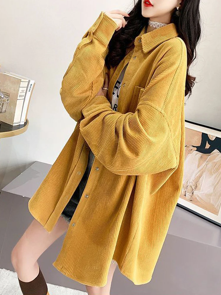 Damska gruba koszula sztruksowa z długim rękawem, luźna bluzka, ciepła zimowa odzież wierzchnia, codzienna odzież do pracy biurowej, płaszcz, beżowo-żółty