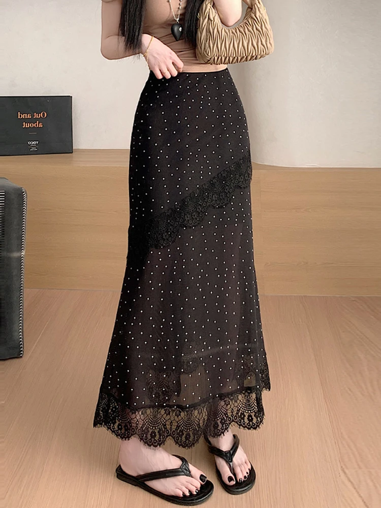 

Women High Waist Slim Fit Wrap Hip Elegant Black Lace Patchwork Polka Dot Long Skirt Summer Casual Irregular Fishtail Skirt