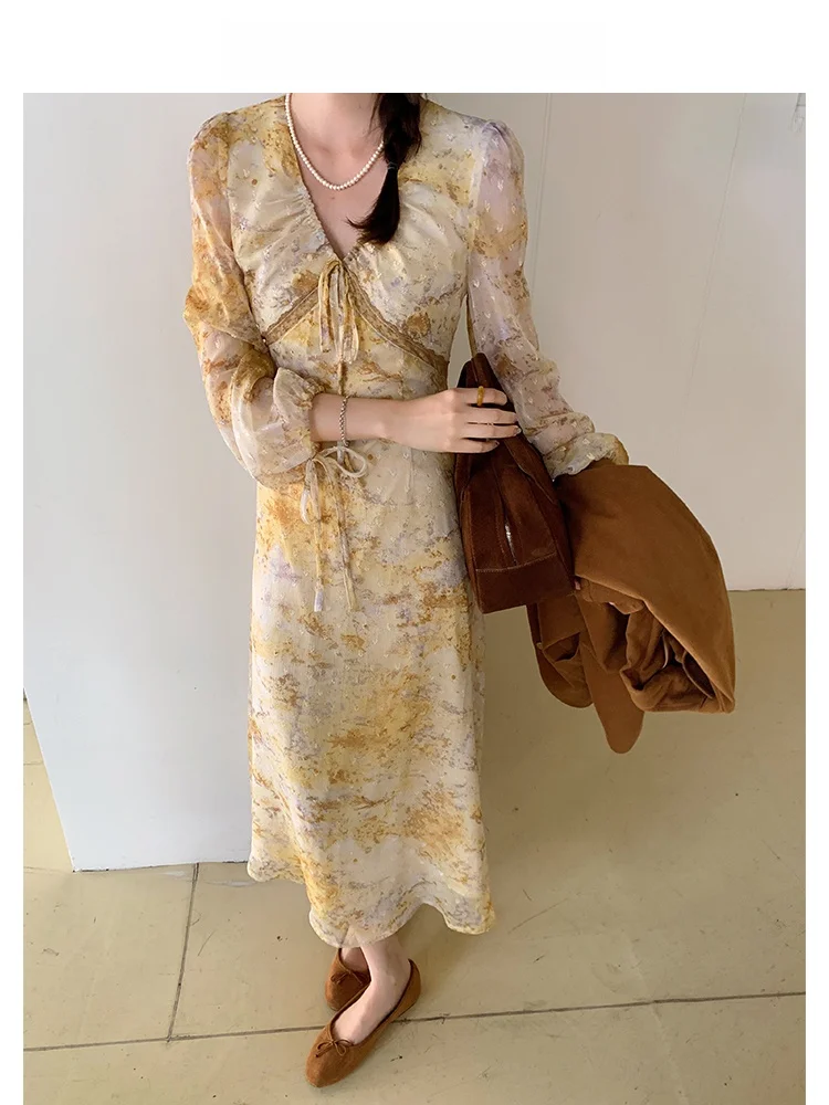 

Ele SRK Autumn Le Yellow Chiffon Dr Dstring V-Neline Slimming Waistline Romantic French Sle Long Sve Dr