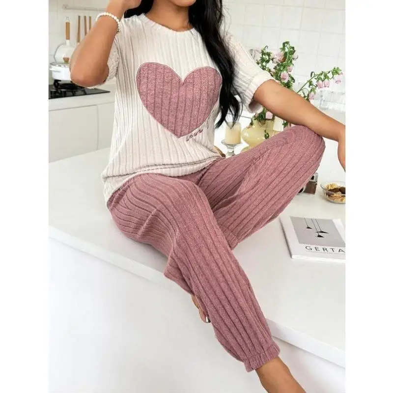 

Трансграничная новая женская домашняя одежда с принтом сердца и буквенным принтом, женский повседневный спортивный костюм Seven-Quarter Sve