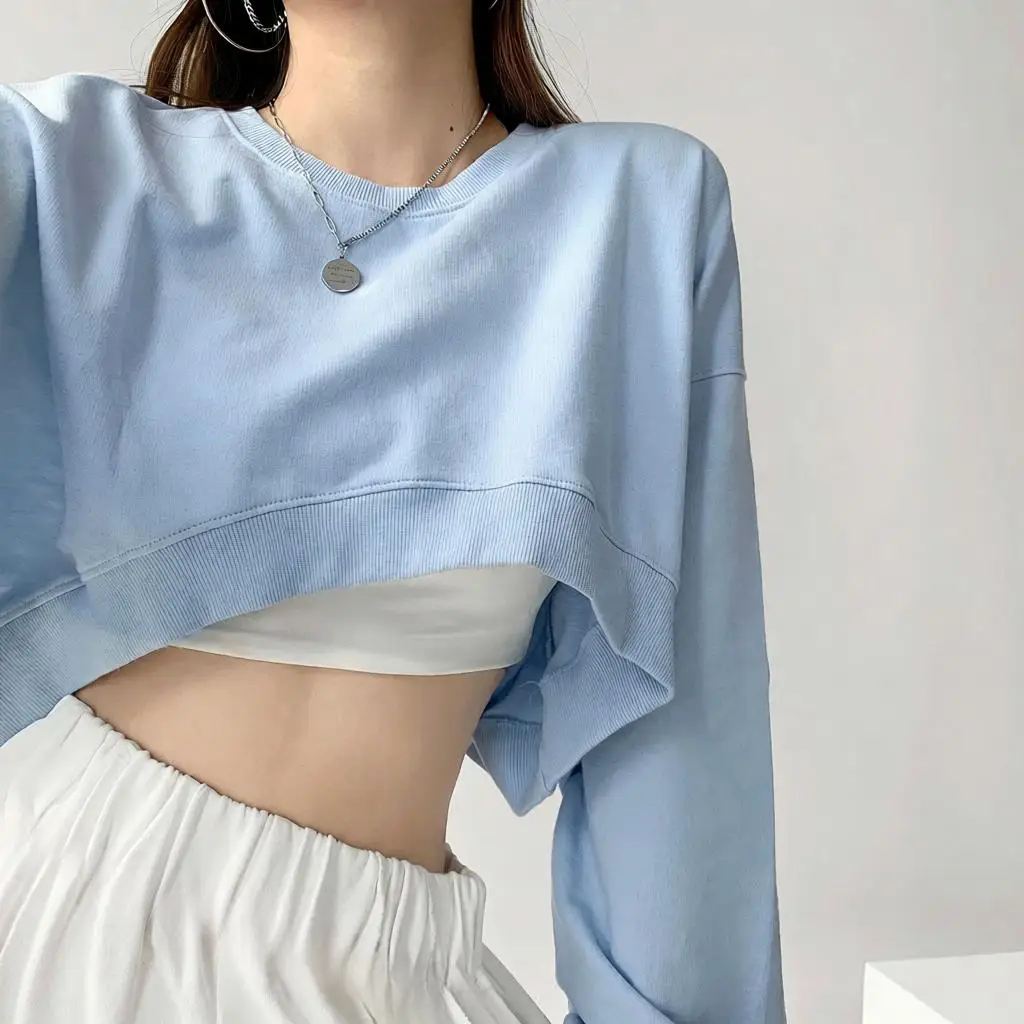 Loose Fit round Neck Long Sleeve Short Style Sweatshirt Women's Fashionable Fall Color Ladies' Top Velvet Shirt
