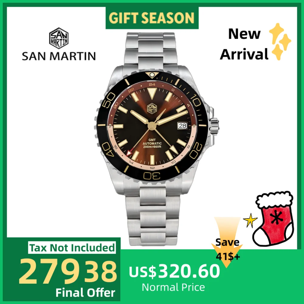 

San Martin 39mm Retro Enamel Sunray Dark Brown Dial Men Automatic NH34 GMT Watch 20Bar Wristwatch SLN C3 Green Lume Dive SN0136