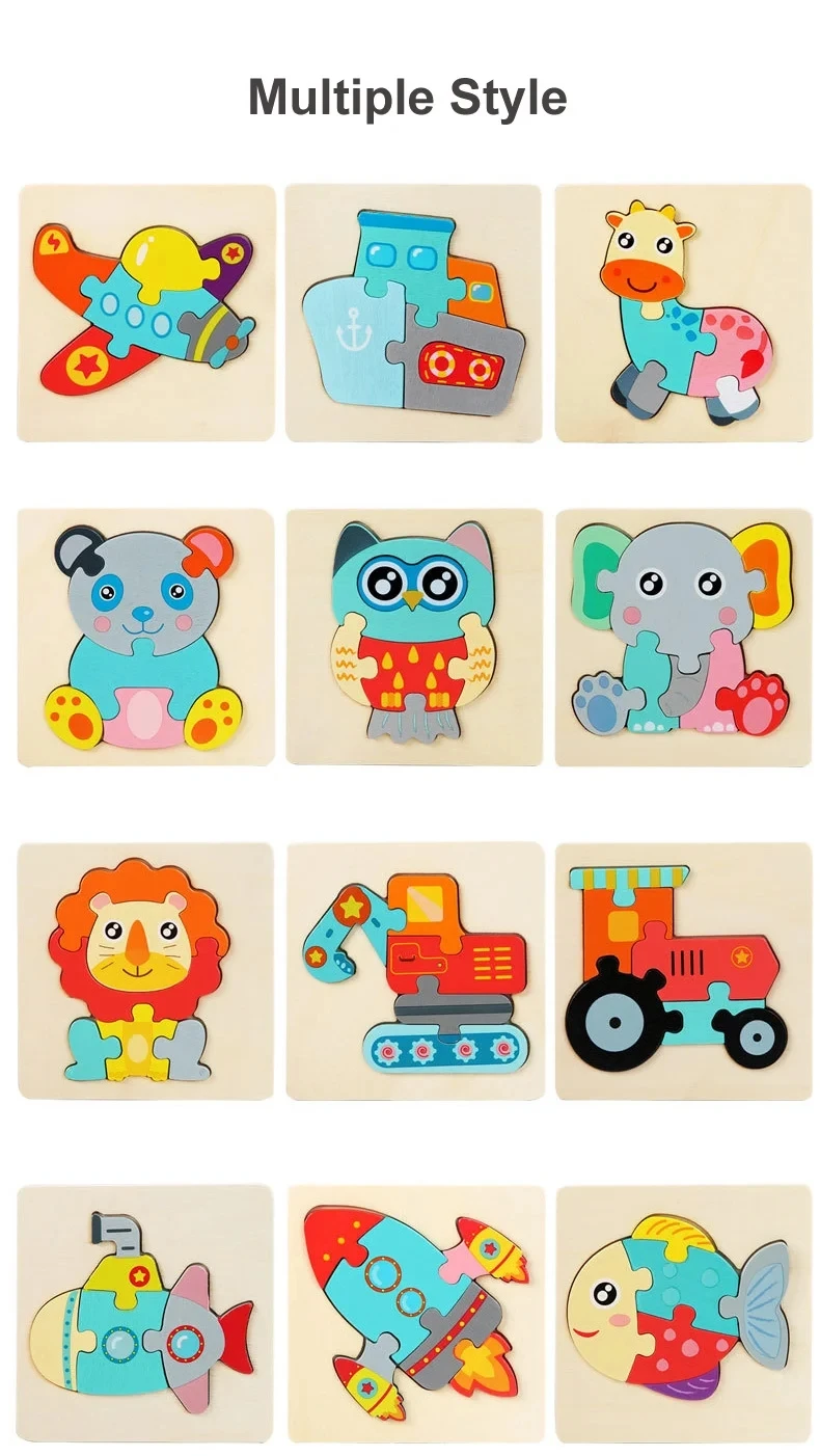 Baby Wooden Toys 3D Puzzle Cartoon Animal Intelligence Cognitive Jigsaw Wood Puzzle Early Educational Toys For Kids Gifts