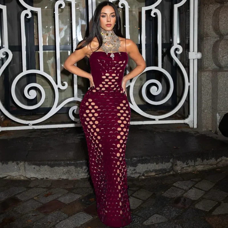 High Street Spaghetti Strap Maxi abiti in velluto per le donne Evening Night Party Celebrity Hollow Out See Through Prom Long Dress
