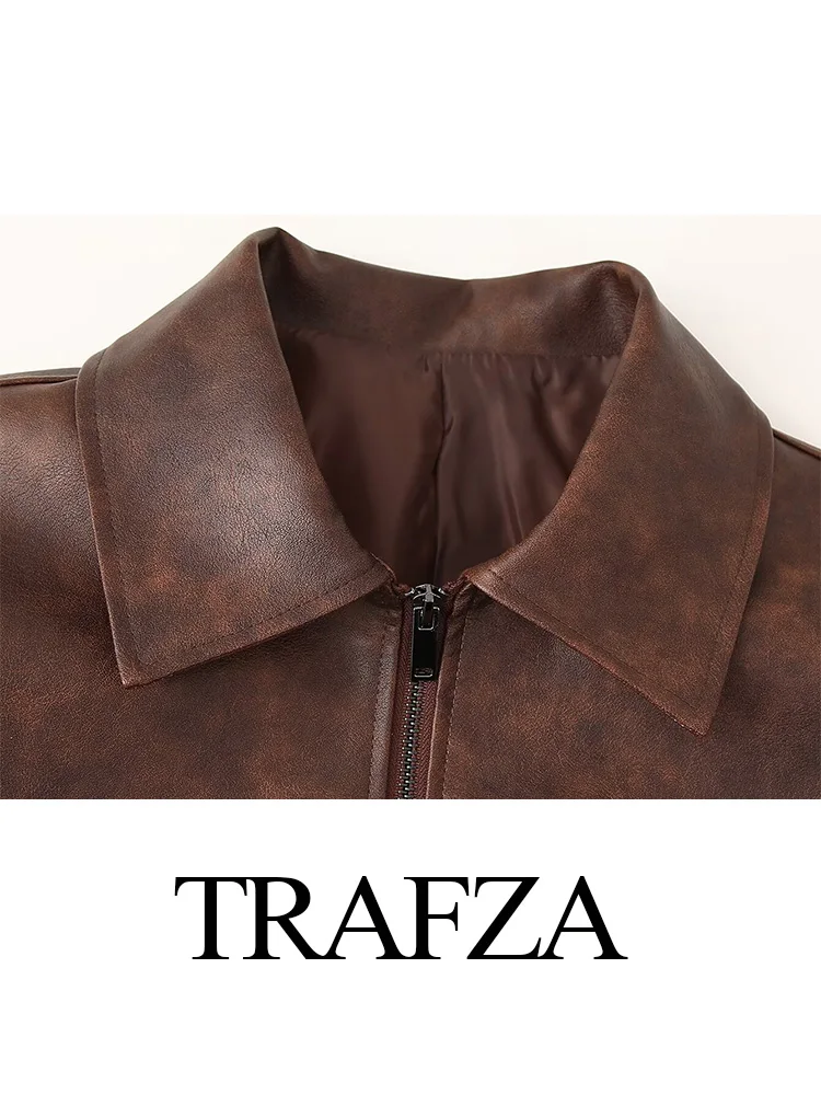 TRAFZA-Jupe en cuir à manches longues pour femme, mini jupe vintage, manteau à col rabattu, poche solide, décoration élégante avec fermeture éclair imbibée