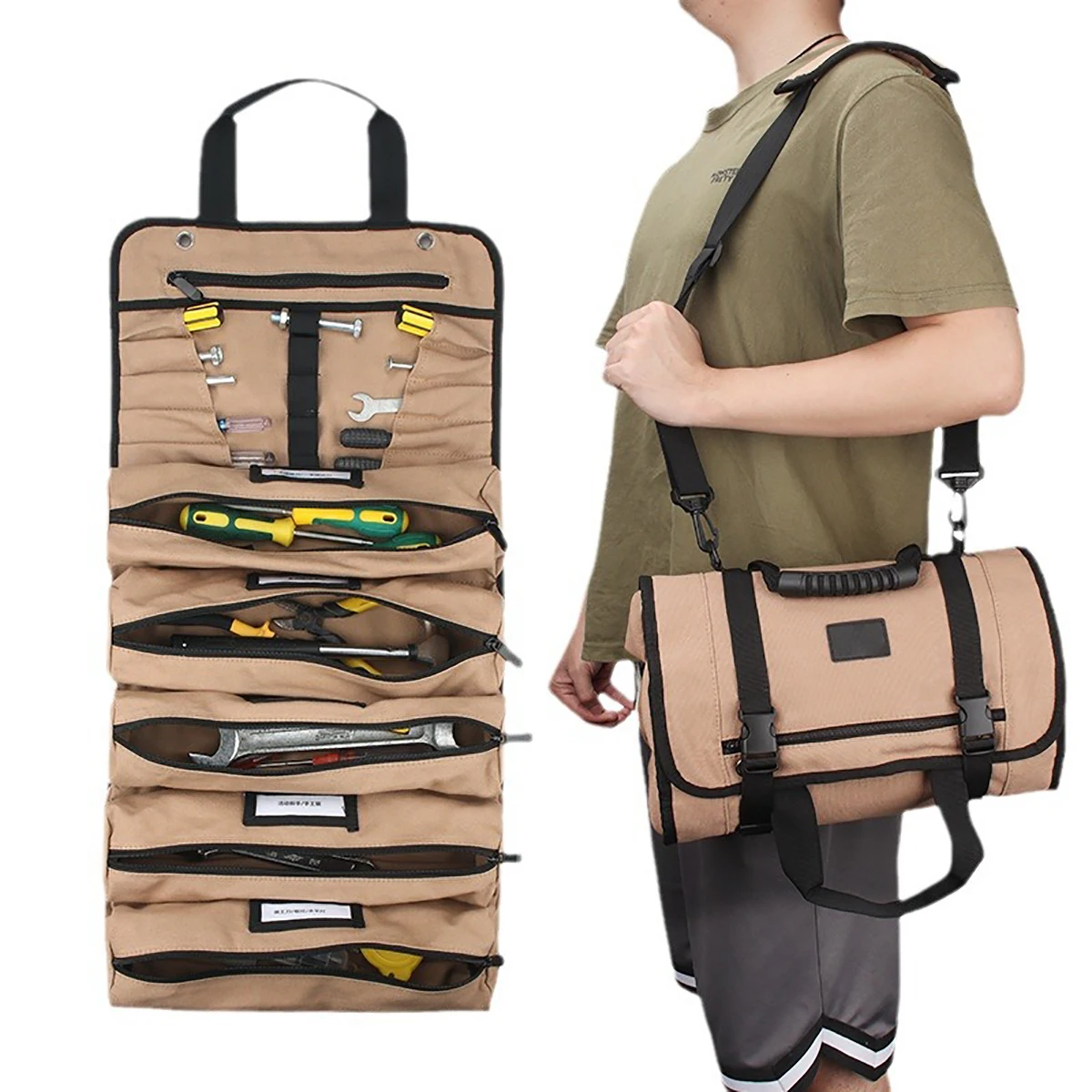 

Canvas Roll Tool Bag Multi-Purpose Organizer Bucket Handbag Car First Aid Kit Wrap Roll Storage Case