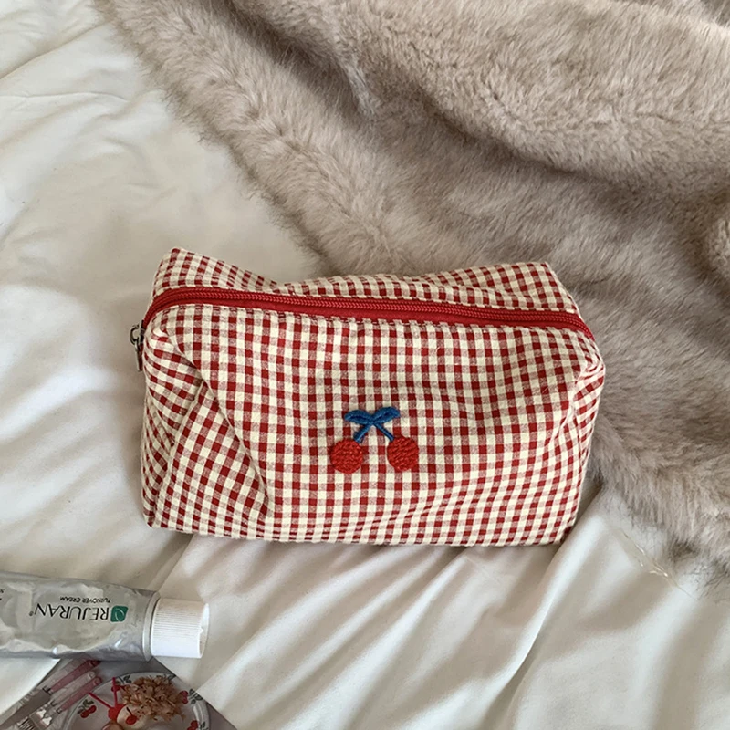 Bolsa de Maquiagem de Algodão com Bordado de Cereja, Organizador de Cosméticos Portátil para Viagem, Bolsa Multifuncional para Produtos de Higiene