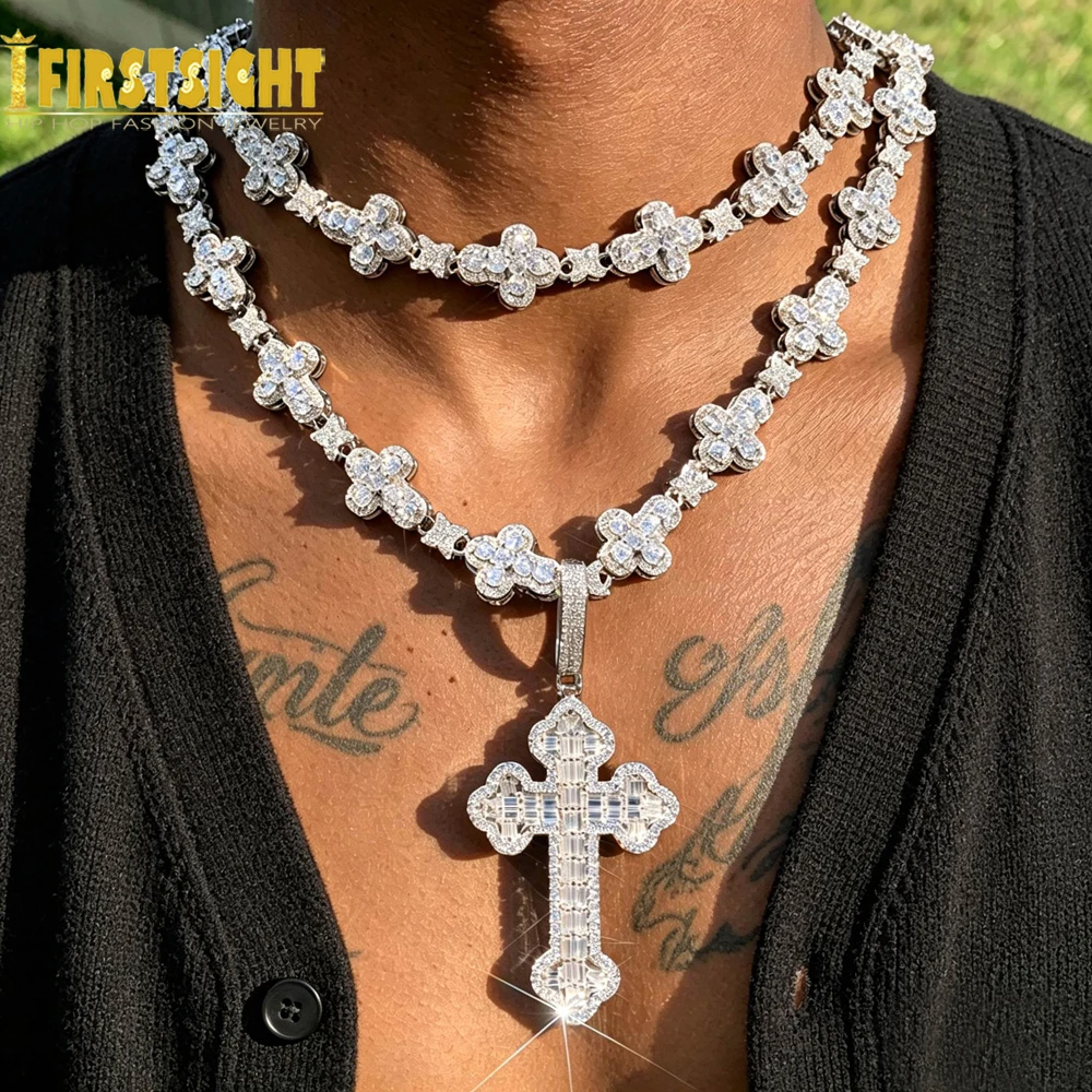 2023 neue Iced Out Kreuz Halskette für Männer Frauen Bling Silber Farbe Zirkonia Charme Stern Link Kette Hip Hop Schmuck