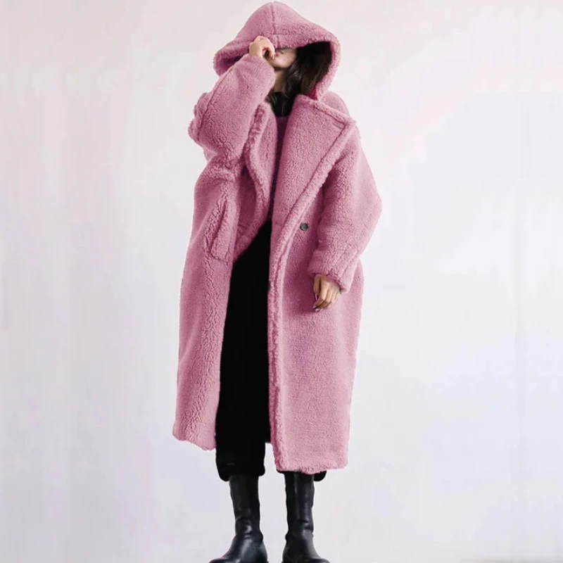 

Women Faux Fur Coats Hooded Lamb Wool Long Maxi Coat Turn Down Collar Work Jackets Y2k Tops Elegant Warm Thick Autumn Winter