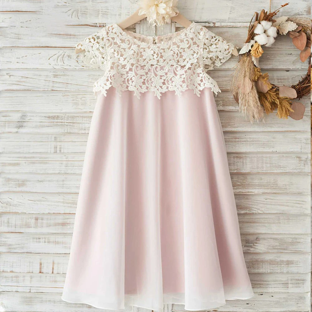 Mvozein-vestidos de encaje rosa para niña, collar de perlas a juego, vestidos de comunión para niña, vestido de cumpleaños para niño