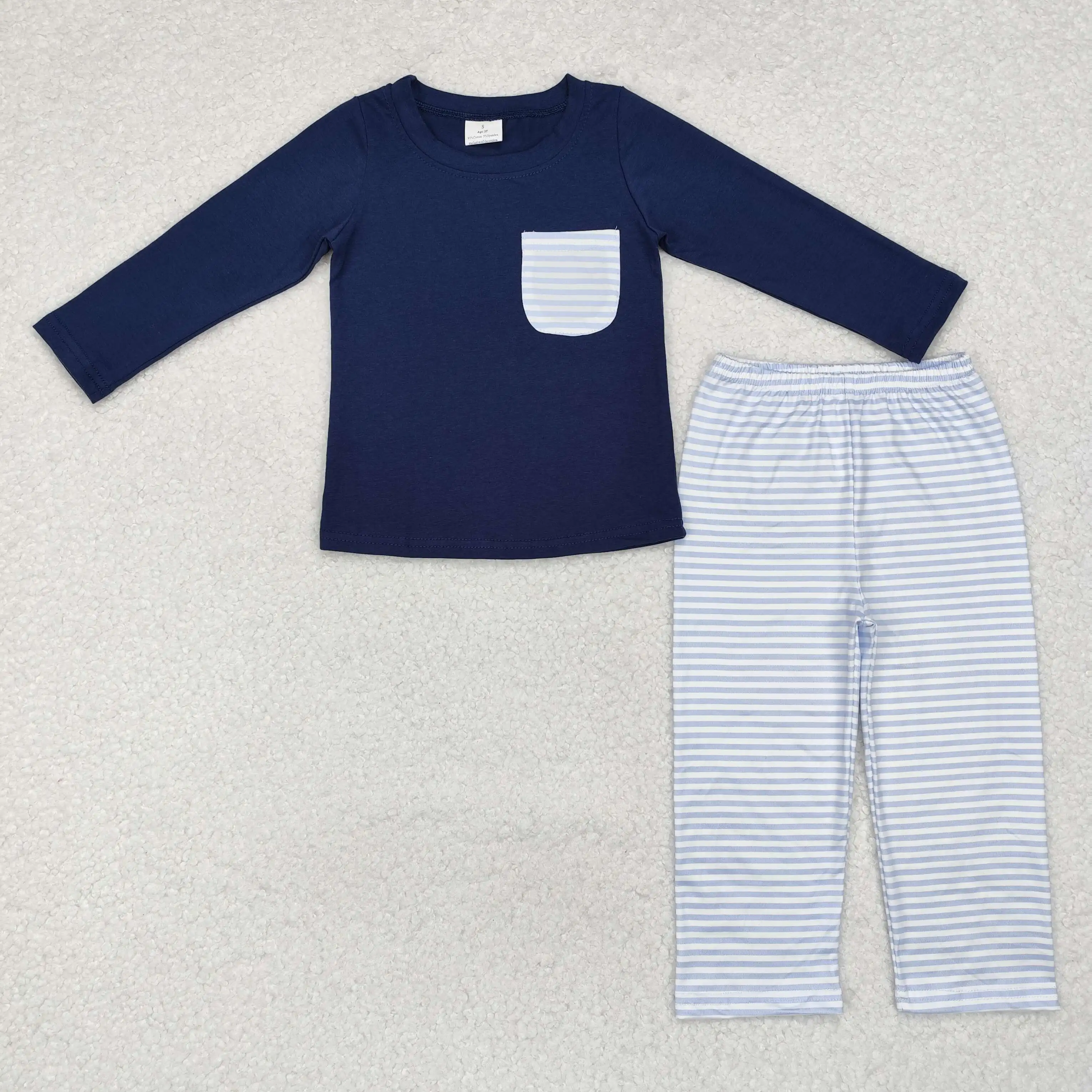 BLP0868 Boutique Kids Clothes Boys Autumn Outfit Sets Long Sleeves Striped pocket navy blue Print With Trousers Children Clothes