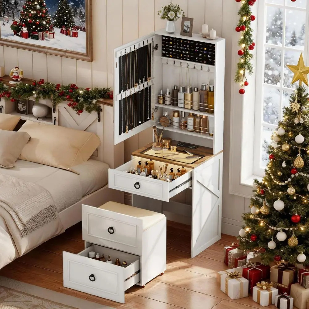 

Vanity Desk with Mirror and Lights,Small Vanity Desk Set with Charging Station amp Glass Top,Compact Dressing Table with Jewelr