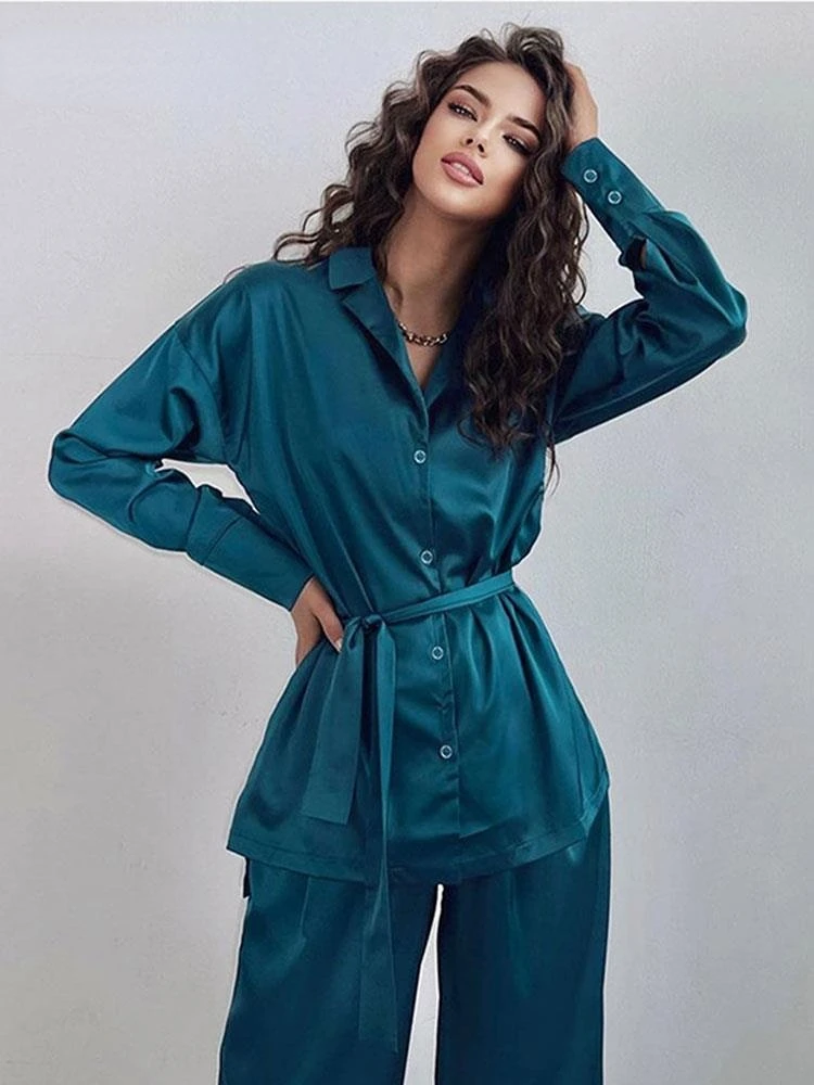 Casual Loose Lace Up Shirt Trousers Two Piece Set Women Lapel Long Sleeve Buttons Shirt+pants Suit Female Elegant Clothing Sets