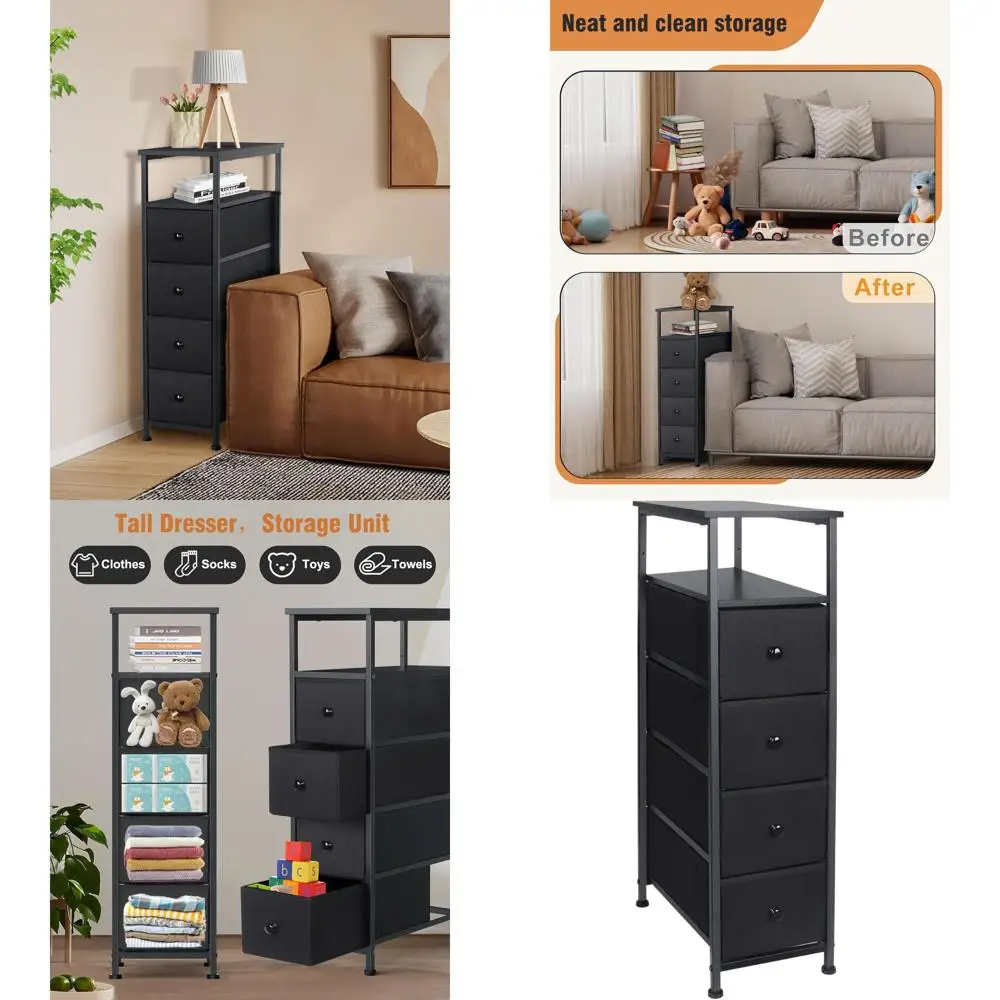 

Узкий высокий комод с 4 ящиками для спальни, прихожей и входной зоны, черный цвет