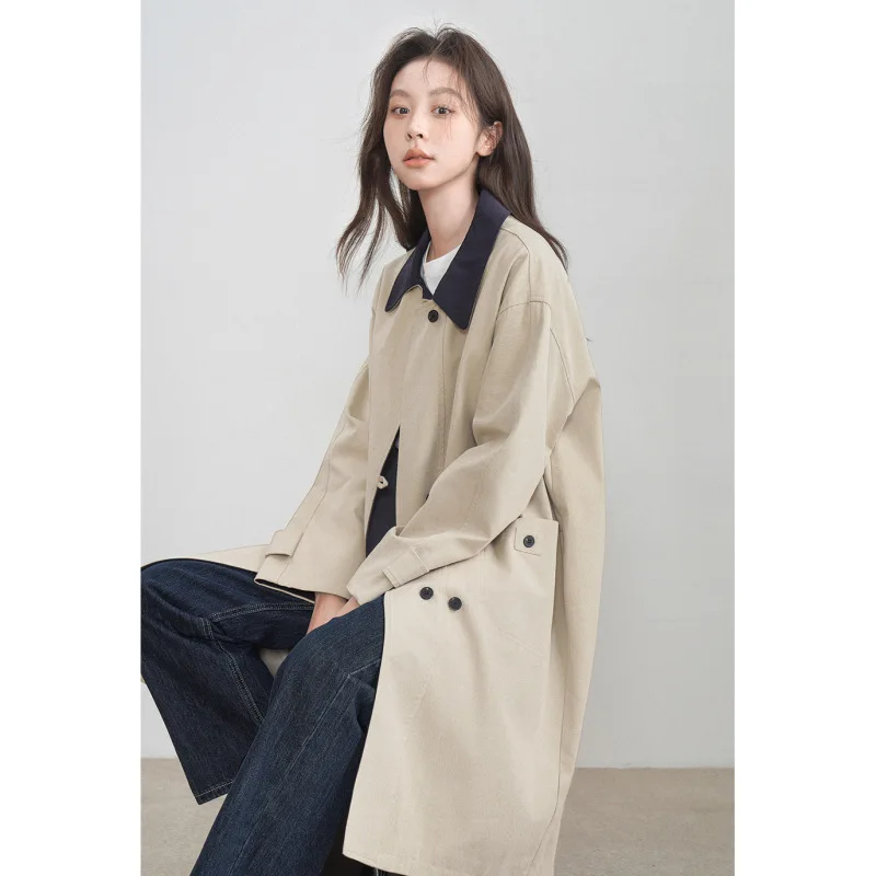 

Autumn Winter Mid-Length Trench Coat Women's Long Sleeves Single-Breasted Pocket Windbreaker Trend Jacket Oversized Design