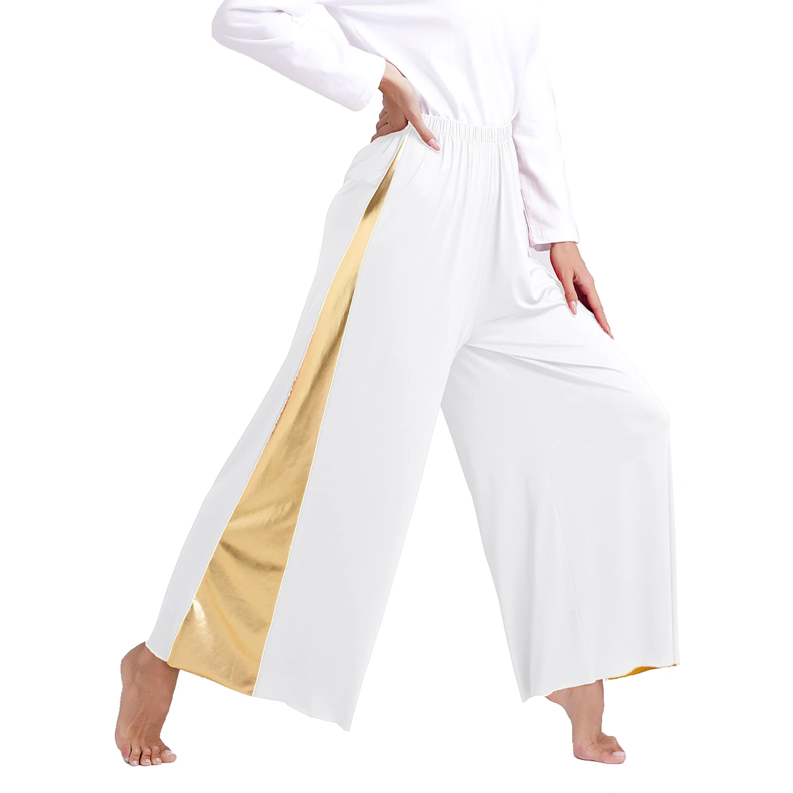 Women Dancewear Dancing Bottoms Praise Dance Palazzo Pants Metallic Patchwork Wide-Leg Trousers for Liturgical Worship Dance