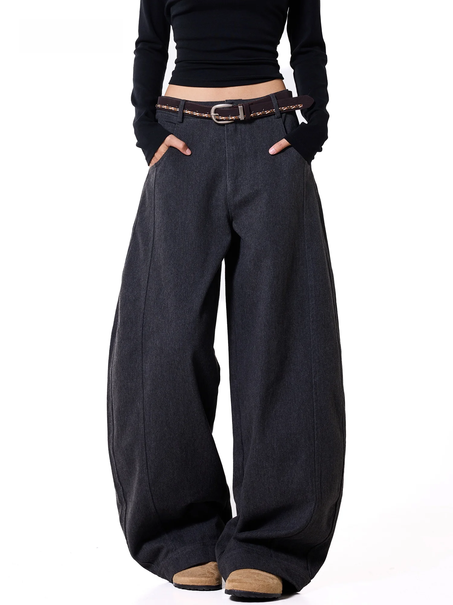 Deep Grey Wide Leg Casual Pants Women's Autumn High Waist Drape Thick Belted Knife  Loose Fit Trousers American Style Denim