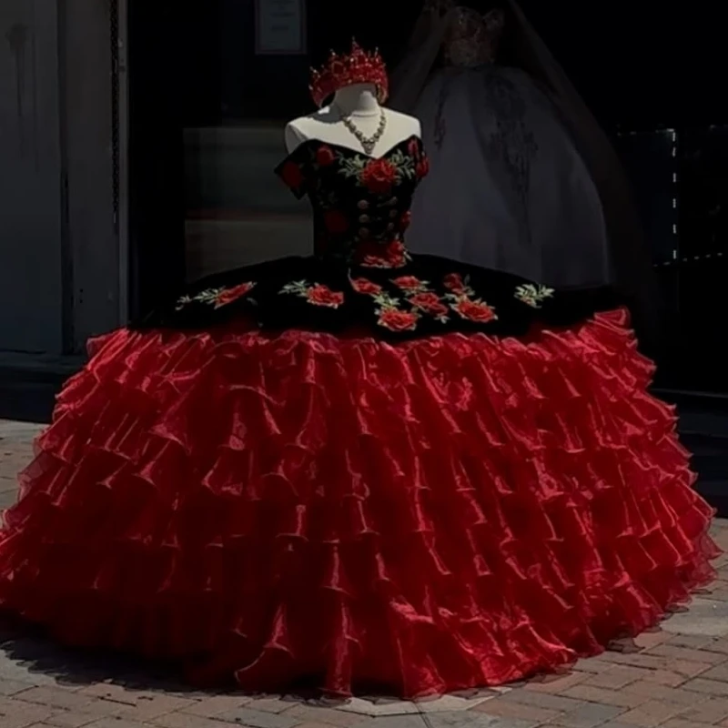 

Red Shiny Quinceanera Dresses Off The Shoulder Applique Lace Tiered Tull Party Birthday Sweet 16 Dress Vestidos De 15 Anos