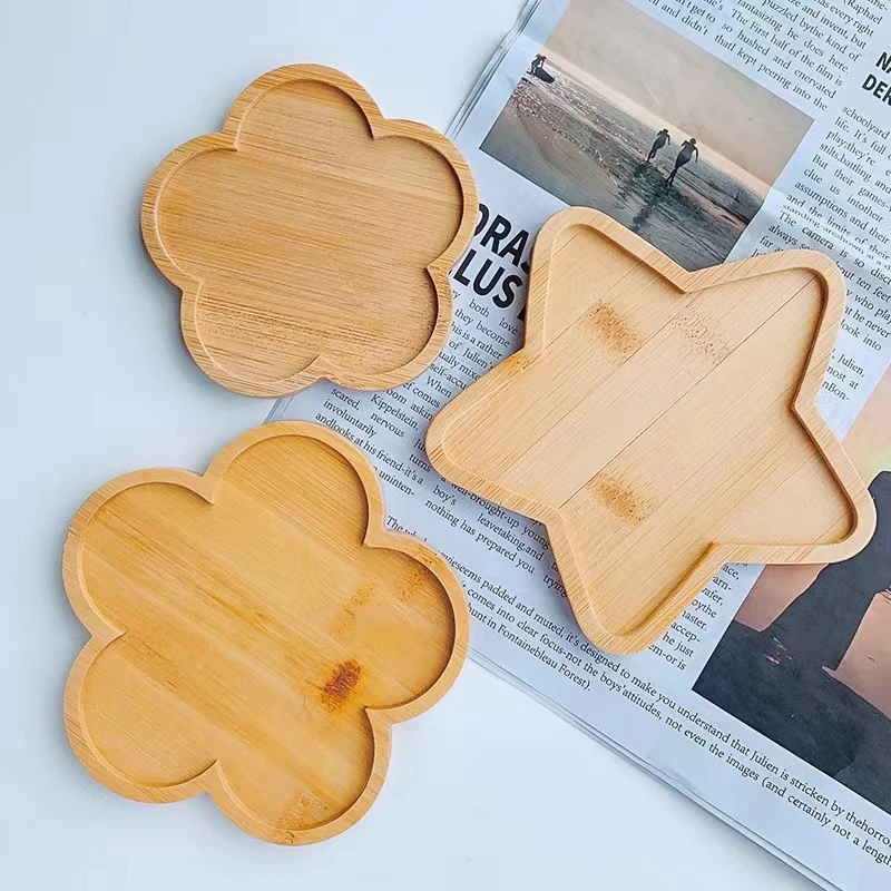 Bamboo Tray Creative Cup Tray Decorative Dessert Pallet Star Flower Shaped Trays Cake Cookie Holder Party Camping Decor Supplies