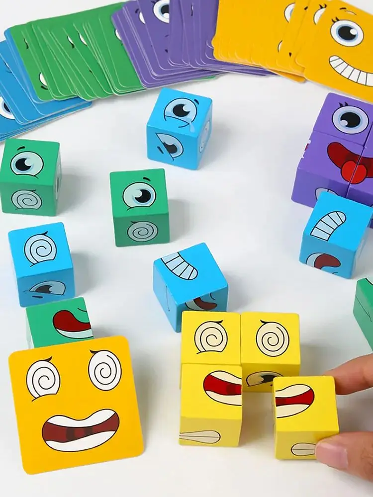 Gra w wyrażanie emocji dla dzieci Drewniana kostka do zmiany twarzy Puzzle z kreskówek Zabawka Montessori Gry wyzwań myślenia — zdjęcie 2