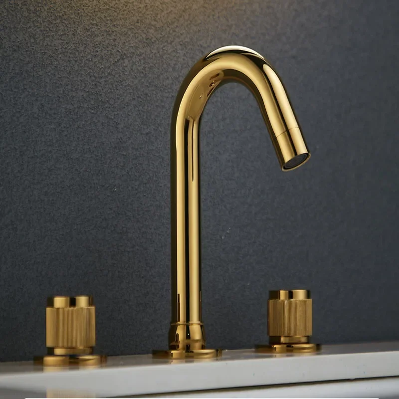 

Golden Brass Bathroom Faucet 3 Holes Basin Faucet Deck Mounted Tap Hot Cold Water Double Control Handles Basin Sink Mixer Taps
